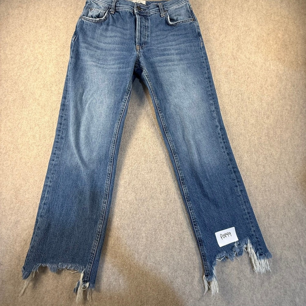 Free People Twenty-Six Straight Leg Jeans Blue Frayed Asymmetric Step Hem 26